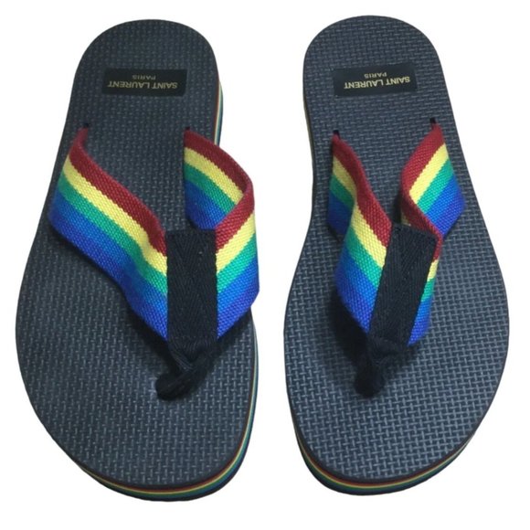 Saint Laurent Flip Flops size EU 38 Rainbow Black Italy Thongs USA 7 Sandals - Picture 2 of 5